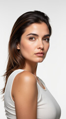 Stunning Beauty Model Portrait Showcasing Flawless Skin and Natural Makeup on White Background
