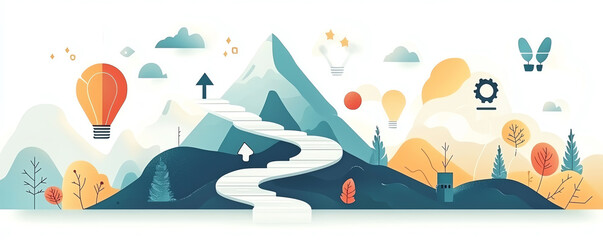 Mountain path with steps marked, representing strategy and goals, flat design illustration
