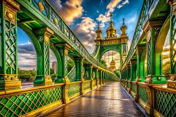 Obraz premium Green and Gold Bridge Sculpture in Architectural Photography - Art and Structure Background for Modern Design