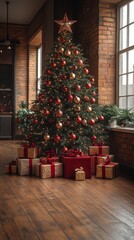 Christmas tree with presents, decorated with red and gold ornaments