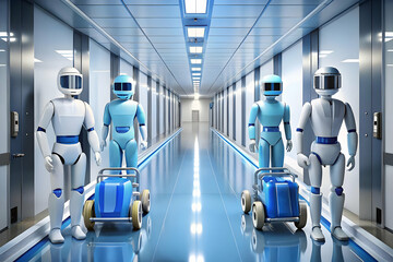 Glossy Hospital Corridor Robotic Assistants Copy Space Modern Design Healthcare Integration Advertising Banners Stock Photo Concept