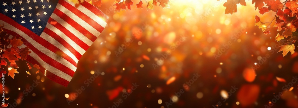Poster a flag is shown in the foreground of a photo with a lot of fall foliage in the b