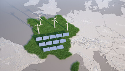 Decarbonization in France, a national renewable project. 3d render.