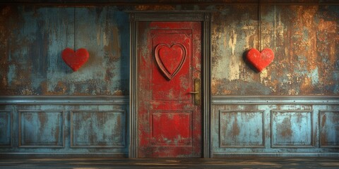 The entry to a charming room features a red door adorned with a heart-shaped design, flanked by two hanging heart decorations. The weathered walls and floor add a rustic touch to this romantic atmosph