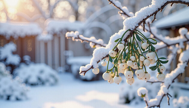 Snow-covered mistletoe branch in winter garden