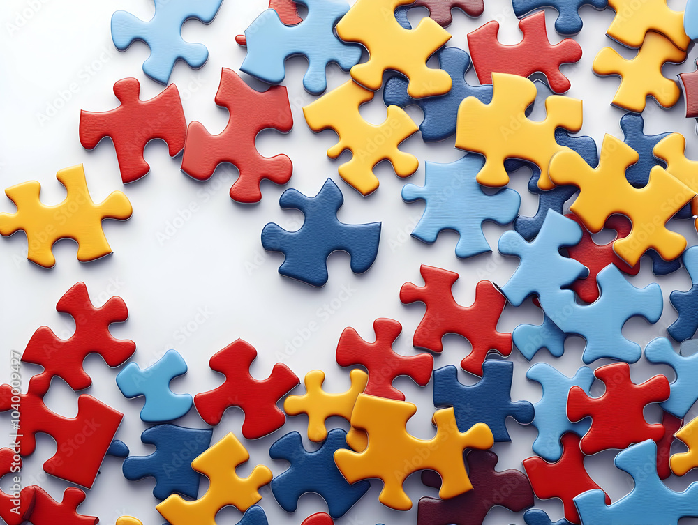Poster flat plain puzzle pieces scattered over glossy white surface copy space overhead shot problem solvin