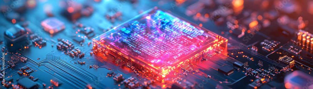 Poster holographic price tag microchip closeup, macro shot of microchip with floating holographic price tag
