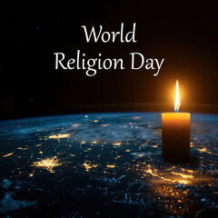 Stunning World Religion Day concept image with a glowing candle illuminating the Earth symbolizing peace, unity, 
