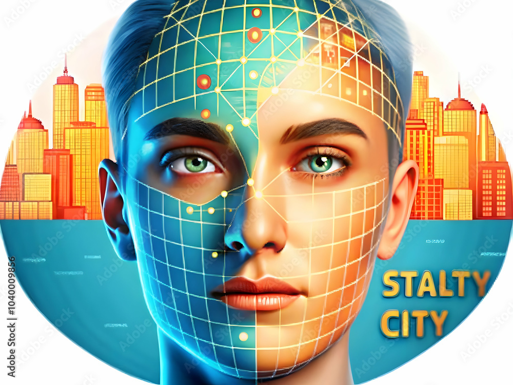 Poster close up face macro image digital grid lines mapping urban areas human element smart city developmen