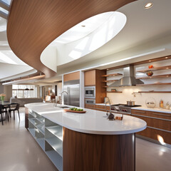 A bright, airy kitchen with curved ceiling with natural wooden surfaces, white cabinets, minimalist shelving, houseplants on the countertops, and large windows bringing in soft daylight.
