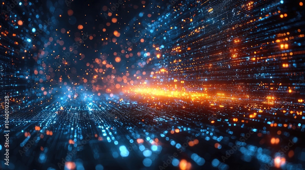 Poster abstract background with glowing blue and orange particles, creating a futuristic and digital feel.