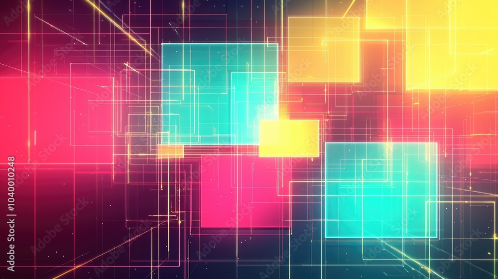 Poster abstract background with glowing colorful squares and lines on a dark background.