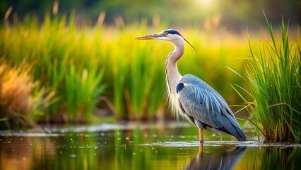 Naklejka premium Grey Heron Hunting in Marshy Vegetation - Nature Photography