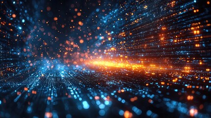 Obraz premium Abstract background with glowing blue and orange particles, creating a futuristic and digital feel.