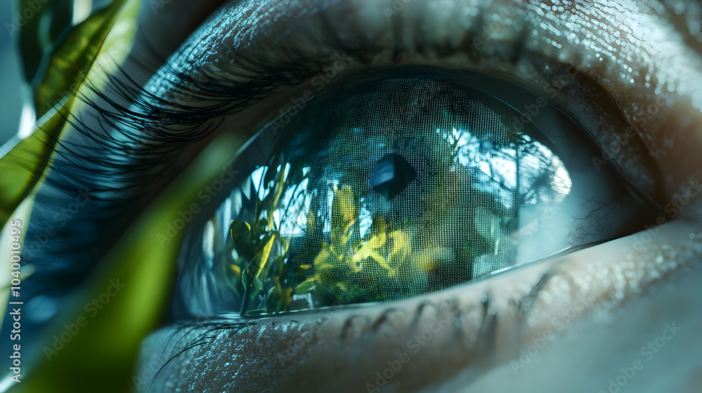 Poster 3d biometric esg data interface concept close-up of iris with reflected esg metrics, business person