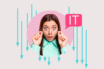 Composite photo collage of astonished girl hold glasses it master arrow decline bankrupt problem...