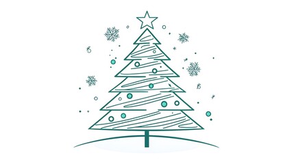Minimalist Green Line-Drawn Christmas Tree with Subtle on White Background