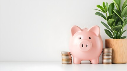 A stylized pink piggy bank standing on a clean white surface with neat rows of rising coin stacks visualizing the concept of financial growth savings and wealth building