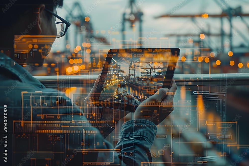 Poster modern technology meets logistics: a user interacting with data on a tablet in a port setting