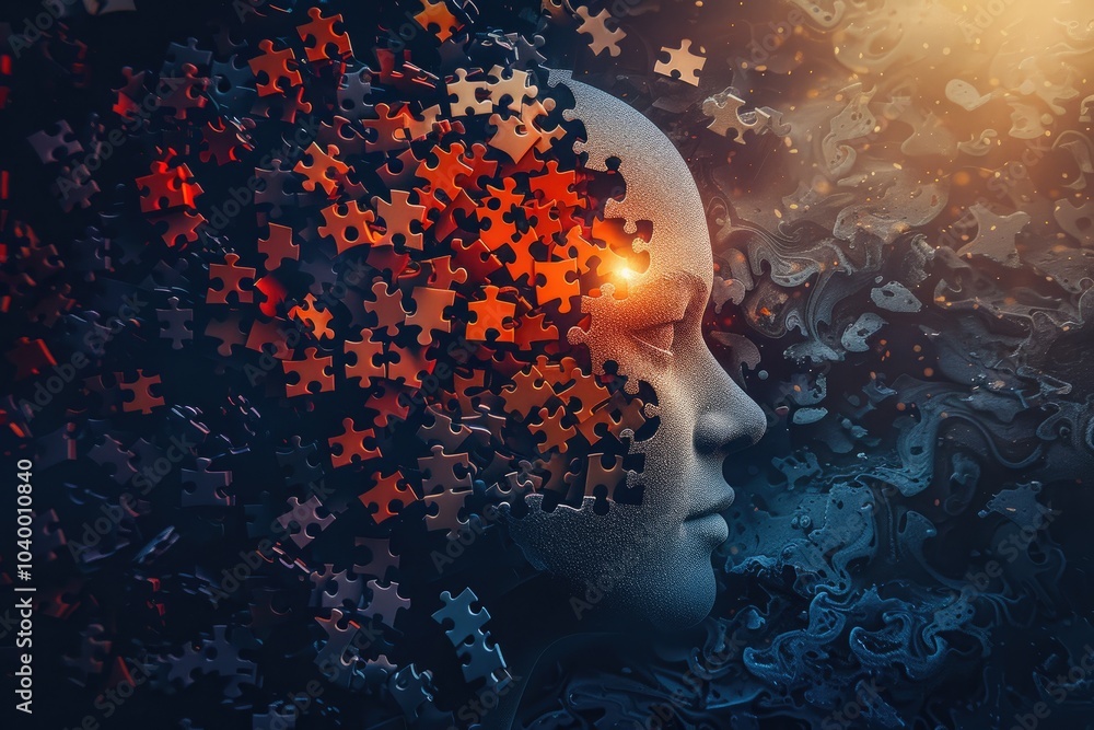 Poster a surreal depiction of a human face dissolving into puzzle pieces, symbolizing complexity.