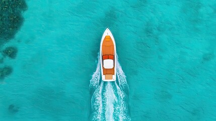 Aerial view of a boat cruising on turquoise waters, creating white wake trails.