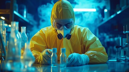 Scientist in Hazmat Suit Examining Samples in High-Tech Laboratory