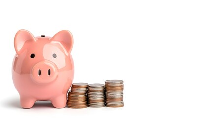 Close up of a cute pink piggy bank placed next to steadily increasing piles of coins on a plain white background symbolizing the concept of steady financial savings growth and planning for the future