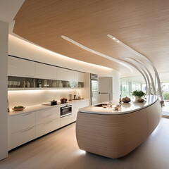 A bright, airy kitchen with curved ceiling with natural wooden surfaces, white cabinets, minimalist shelving, houseplants on the countertops, and large windows bringing in soft daylight.