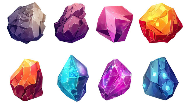 Set of stones, gems, minerals, shiny crystals cartoon game assets, colorful, transparent background