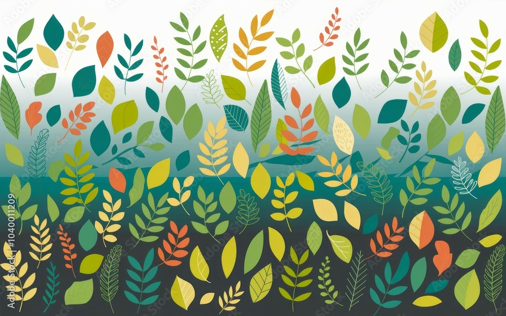 Poster colorful leaf pattern. abstract background with a vibrant mix of leaves in various colors and shapes