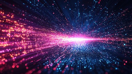 Obraz premium Abstract background with glowing particles and light beams in blue and pink colors.