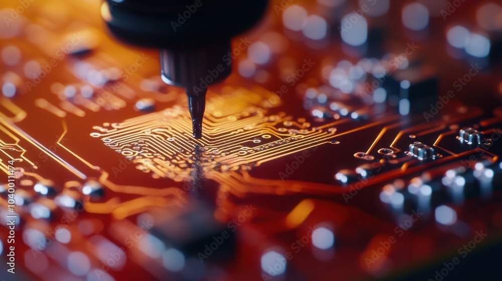 Poster a close-up image of a laser etching process on a microchip circuit board, highlighting the precision