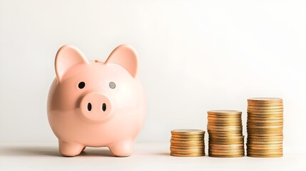 Piggy bank with increasing height stacked coins on white background illustrating savings growth financial planning and wealth accumulation strategies
