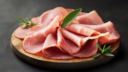 Sliced ham arranged on a wooden board with decorative greens.
