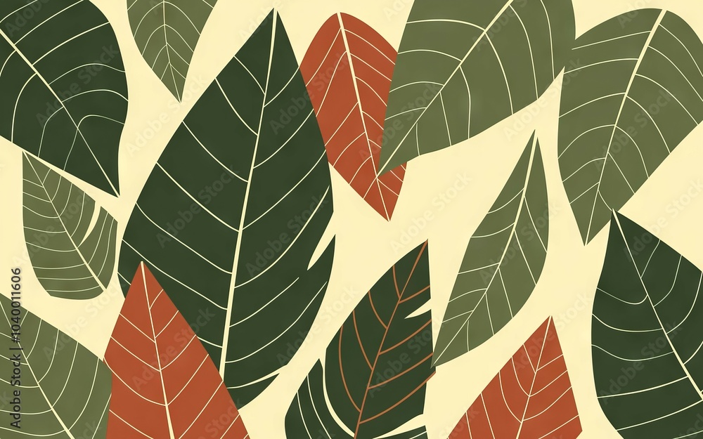 Poster green and red leaves pattern. a simple yet elegant pattern featuring green and red leaves on a cream