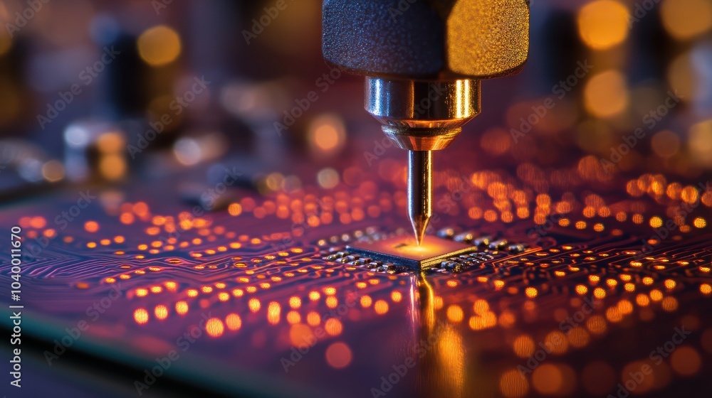 Poster a close-up image of a laser etching process on a microchip circuit board, highlighting the precision