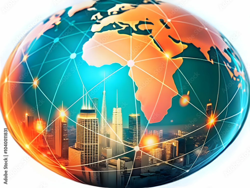 Poster glowing globe cityscape network bokeh concept: smart cities global connectivity image featuring city