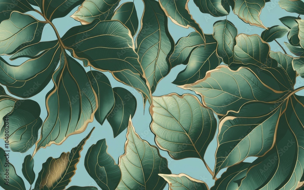 Poster green leaves pattern. lush green leaves with golden edges create a serene and elegant pattern. the d