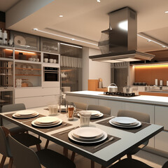 A sleek, open-concept,with fancy curved ceiling, kitchen with matte black cabinets, white marble countertops, and built-in appliances, accentuated with warm LED strip lighting and wooden bar stools.