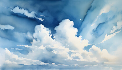 Fototapeta premium Watercolor painting of a blue sky with soft white clouds. Add soft shadows of the clouds to create depth.