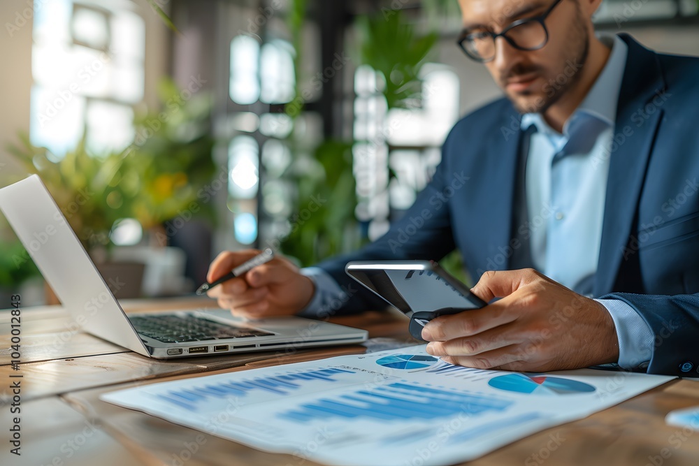 Poster professional man analyzing data with laptop and smartphone in modern office setting