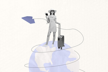 Artwork collage image of lovely charming pretty cute woman going trip abroad around world isolated...