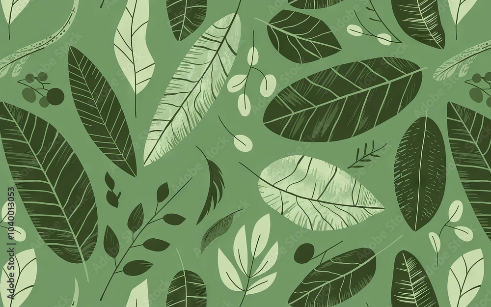 Poster green leaf pattern. a repeating pattern of green leaves in various shapes and sizes, symbolizing gro