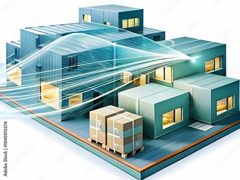 Poster ai powered logistics concept: abstract moving lines over warehouse scene, symbolizing ai-driven supp