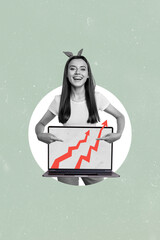 Vertical photo collage of happy girl hold laptop device point arrow screen success development...