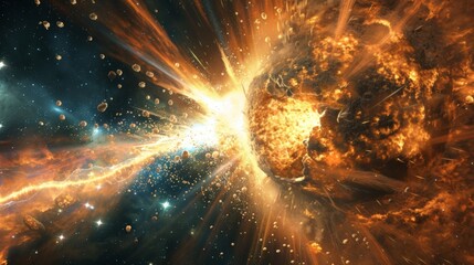 A powerful explosion of particles can be seen as two massive objects collide in the vast emptiness of space.
