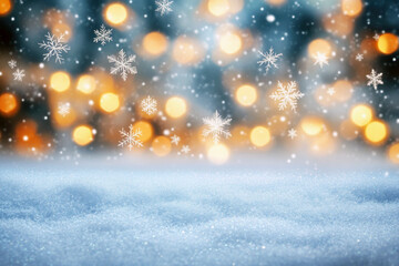 Soft falling snowflakes illuminate a serene winter landscape with glowing lights