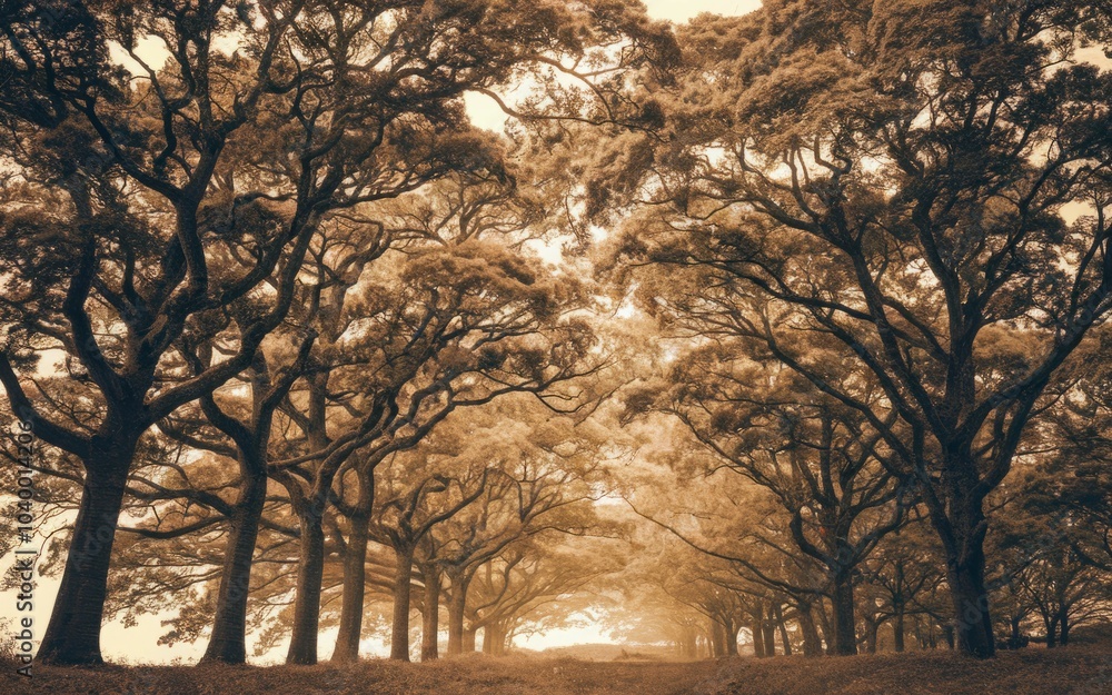 Poster trees canopy path. a path through a forest with trees creating a canopy overhead. the image conveys 