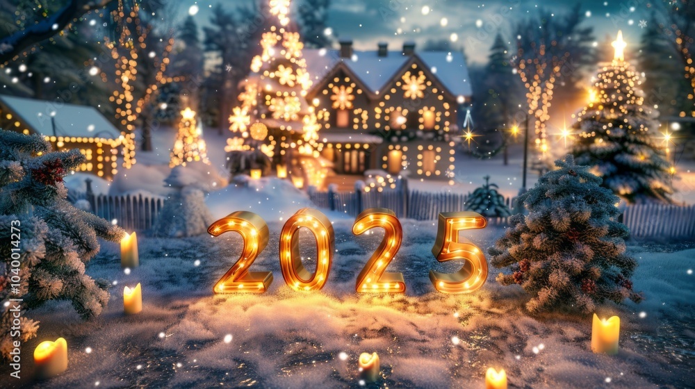 Poster a christmas scene with a house and trees lit up with lights