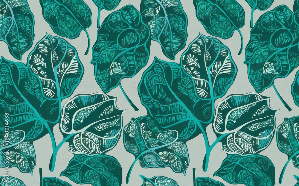 Aufkleber teal leaf pattern. a seamless pattern featuring teal leaves with intricate details, creating a visua